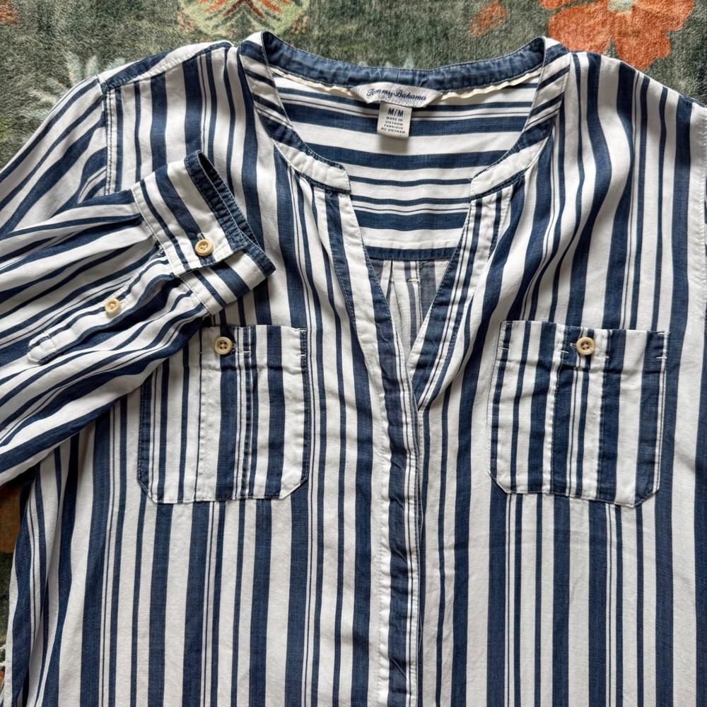 Tommy Bahama Womens Navy White Striped Tunic Shirt Split Neck Pockets Size M